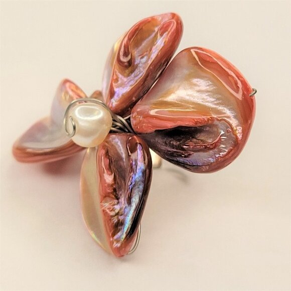 Peach Pink Shell with Freshwater Pearl Bead Asymmetric Flower Adjustable Ring - Picture 7 of 16